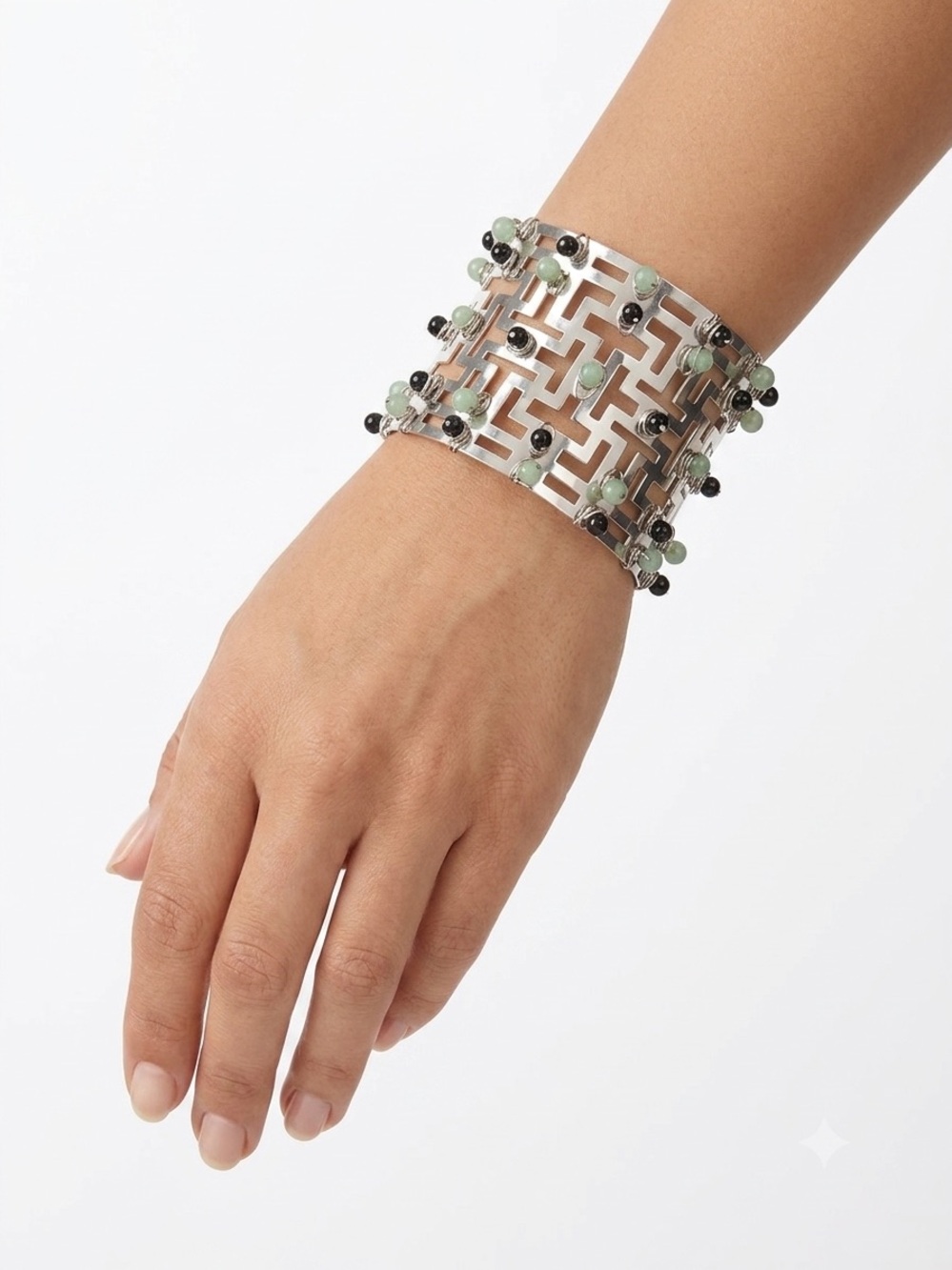 Silver Wide Cuff Bracelet with Mint and Black Beads